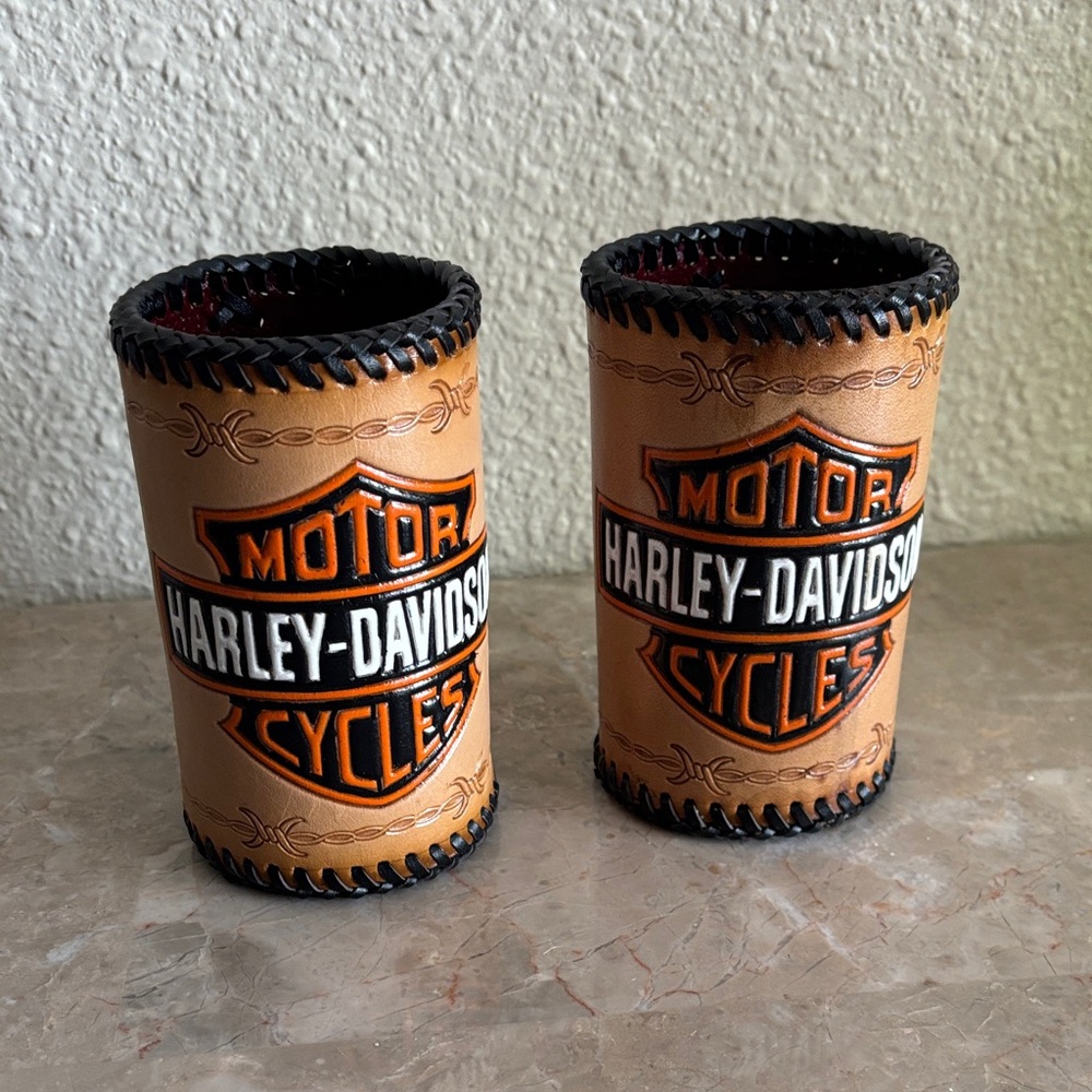 Harley-Davidson Tan and Black Tooled Leather Koozies